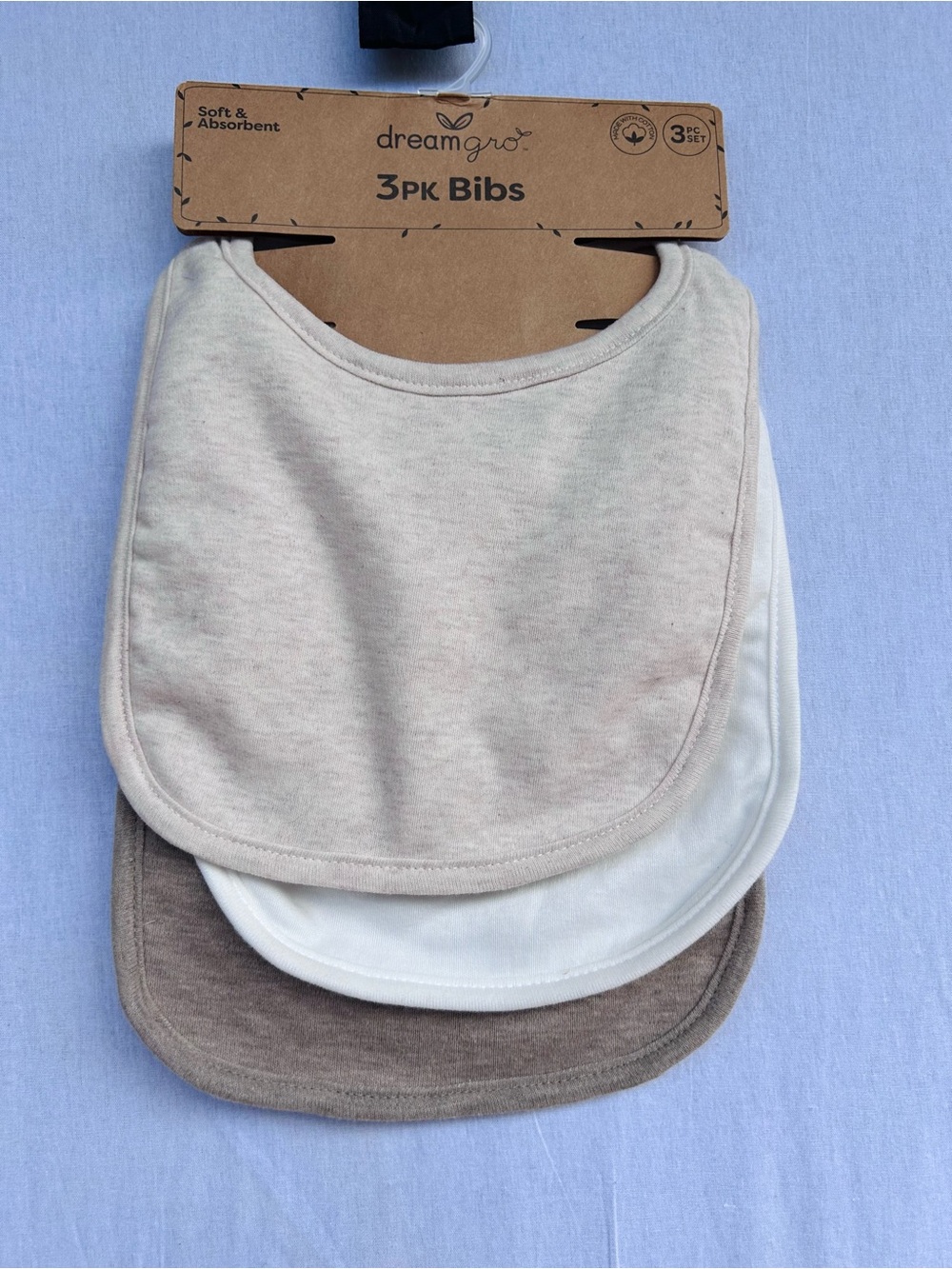 DreamGro 3 Pack Baby Bibs NWT Neutral Beige White Brown Soft Absorbent Unisex